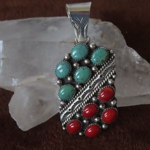 native american L Begay Signed Sterling Silver Turquoise Coral Pendant - 38.1g
